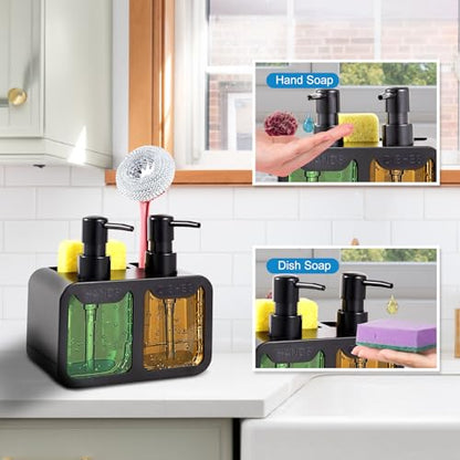 Kitchen Soap Dispenser Set, with Hand and Dish Soap, Sponge Caddy and Brush Holder 4-in-1 Kitchen Dual Soap Dispenser Set for Kitchen Sink, Bathroom - Black - color: Black