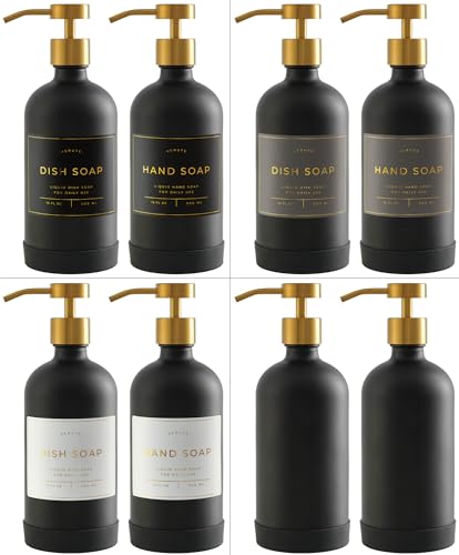 Hand and Dish Soap Dispenser for Kitchen and Bathroom, Set of 2 16 Oz Glass Bottles, Stainless Steel Pumps, Non-Slip Silicone Base, 27 Waterproof Labels (Matte Black Bottle/Brushed Gold Pump) - color: Matte Black Bottle / Brushed Gold Pump