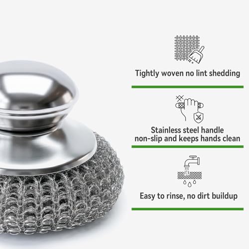 5 Pcs Steel Wool Scrubber with Handle: Stainless Steel Scrub Set for Cast Iron Scouring Stubborn Messes from Cast Iron, Pots, Pans, Grill, Stoves, Sink (1 Scrubber + 5 Pads)