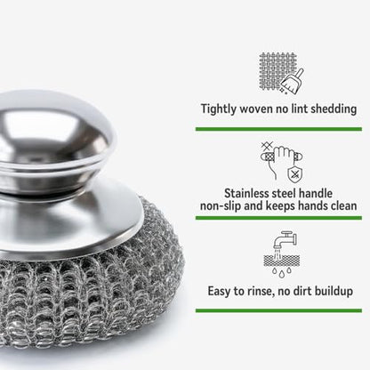 5 Pcs Steel Wool Scrubber with Handle: Stainless Steel Scrub Set for Cast Iron Scouring Stubborn Messes from Cast Iron, Pots, Pans, Grill, Stoves, Sink (1 Scrubber + 5 Pads)