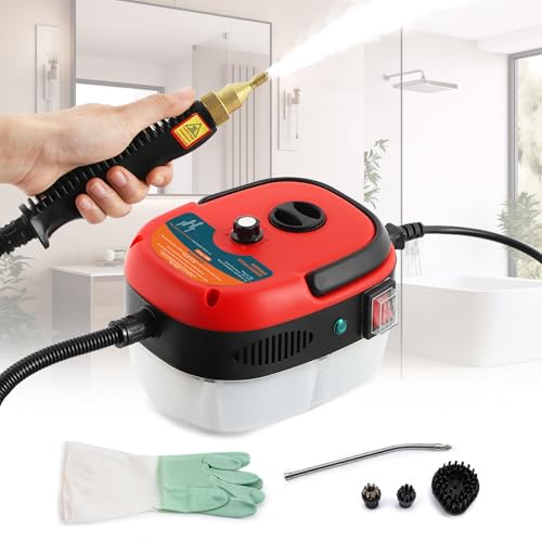 2500W Handheld Steam Cleaner, Pressurized Steam Cleaning Machine with 3 Brush Heads, 20s Heat Up, 1L Tank, Multipurpose Mini Portable Steamer for Tile, Grout, Furniture, Kitchen, Car, Home - color: Red