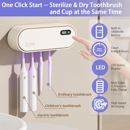 Toothbrush Holder Wall Mounted, Cleaning Box with Smart Drying and Cleaning, Toothbrush Holder with 4 Toothbrush Slots, Toothbrush Organizer for Bathroom (Beige - 4 Slots) - color: Beige - 4 Slots