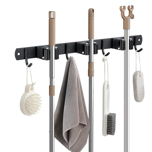 JAMEND CLXP Broom Hanger and Mop Holder, Heavy Duty Garden Tool Organizer Rack Rake and Shovel Handle, Stainless Steel Wall Mounted Utility Rack with Screws (3 Racks with 4 Hooks, Matte Black).