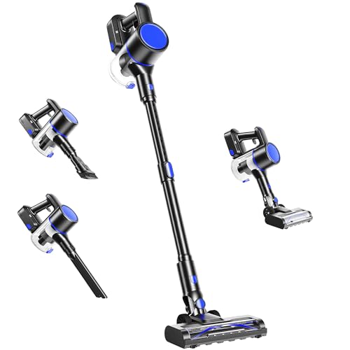 OLIXIS Cordless Vacuum Cleaner with Flexible Steering & Extendable Pole,3 Brush Heads, Lightweight Wireless Rechargeable Upright Vacuum with LED Light & Wall Mount for Hardwood Floors & Carpet - color: New Black Blue