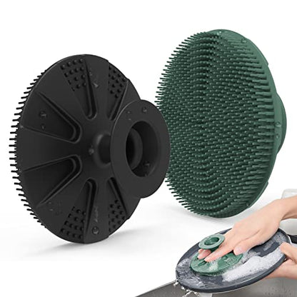 Silicone Sponge, BEAUTAIL Non-Scratch Scrub Sponges, for Washing Dishes and Cleaning Kitchen, Long Lasting and Reusable Dishwashing Scrubber, Suction Up Hang Designed, 2 Pack, Black+Olive Green - color: 2pcs Black+olive Green