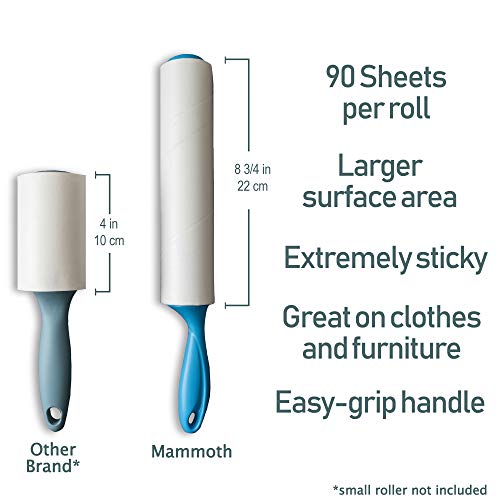 Mammoth Lint Roller-Extra Large Lint Roller, 2 Rollers and 2 Refills, 90 Sheets per Roll, Perfect for Pets (360 Extra Long Sheets Total)