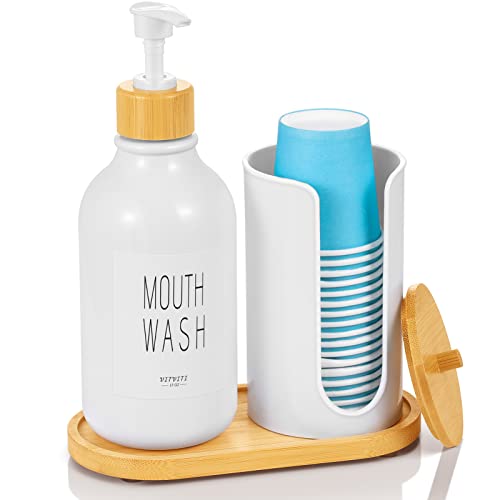 VITVITI Mouthwash Dispenser for Bathroom, Mouth Wash Pump Bottle with Paper Cup Holder, 17Oz Refillable White Mouthwash Container with Bamboo Lid/Tray/Label - color: White