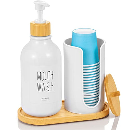 VITVITI Mouthwash Dispenser for Bathroom, Mouth Wash Pump Bottle with Paper Cup Holder, 17Oz Refillable White Mouthwash Container with Bamboo Lid/Tray/Label - color: White