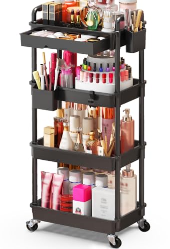 SUNALLY Makeup Cart Organizer with Drawers, 4 Tier Floor Skincare Organizers for Vanity, Rolling Makeup Bathroom Storage Cart Cosmetics Display Cases for Skin Care Perfume Nail Polish, Black - color: Black, size: 4 Tier
