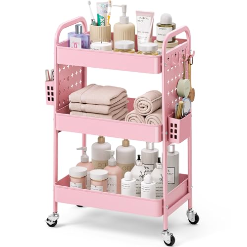 KINGRACK 3 Tier Rolling Cart with DIY Pegboard, Metal Utility Cart with Wheels, Hooks & Baskets, Sturdy Storage Organizer for Craft, Bathroom, Kitchen, Office, Nursery, Classroom(Pink) - color: Pure Pink