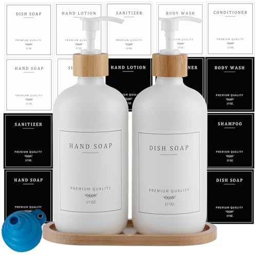 White Glass Soap Dispenser - Hand Dish Soap Dispenser Set for Kitchen, Bathroom with Sturdy Pump and Tray, 14 Waterproof Labels,Refillable Soap Lotion Dispenser-White - color: White Bottle + 14 Labels + Funnel + Tray