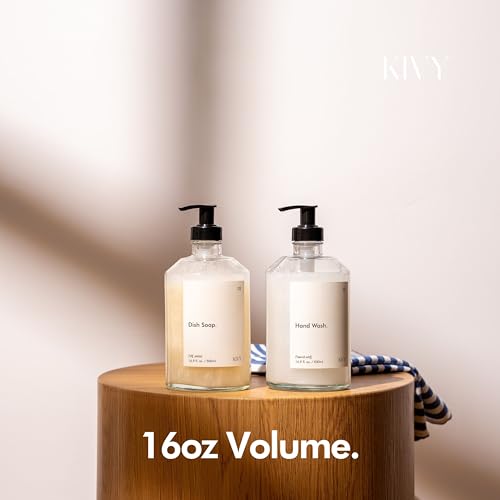 KIVY Glass Soap Dispenser Set [INCL. Waterproof Labels] - Glass Soap Dispenser with Pump - Hand Soap and Dish Soap Set - for Kitchen, Shower & Bathroom - Refillable (2X 16oz) - color: Glass