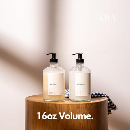 KIVY Glass Soap Dispenser Set [INCL. Waterproof Labels] - Glass Soap Dispenser with Pump - Hand Soap and Dish Soap Set - for Kitchen, Shower & Bathroom - Refillable (2X 16oz) - color: Glass