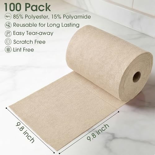 Microfiber Cleaning Cloth Roll - 100 Pack Tear Away Microfiber Paper Towels, Reusable, Washable, Scratch-Free, Kitchen Towels for Car, Home, Kitchen, Glass, Dishes(Desert Gold) - color: Desert Gold