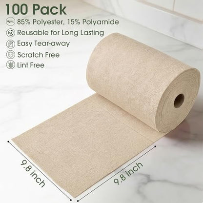 Microfiber Cleaning Cloth Roll - 100 Pack Tear Away Microfiber Paper Towels, Reusable, Washable, Scratch-Free, Kitchen Towels for Car, Home, Kitchen, Glass, Dishes(Desert Gold) - color: Desert Gold