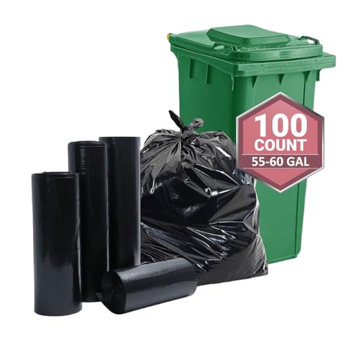 55-60 Gallon Heavy Duty Black Trash Bags, 38in x 58in x 1.5mil - Large Garbage Can Liners for Contractors, Commercial, Janitorial, and Lawn Use
