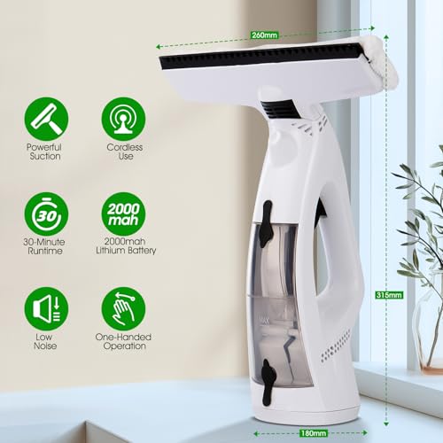 Cordless Electric Window Vacuum Squeegee, 2000Pa Powerful Suction with Water Collection Tank, Rechargeable Window Cleaner Tool for Glass, Shower Doors, Mirrors & Car, 2000mAh