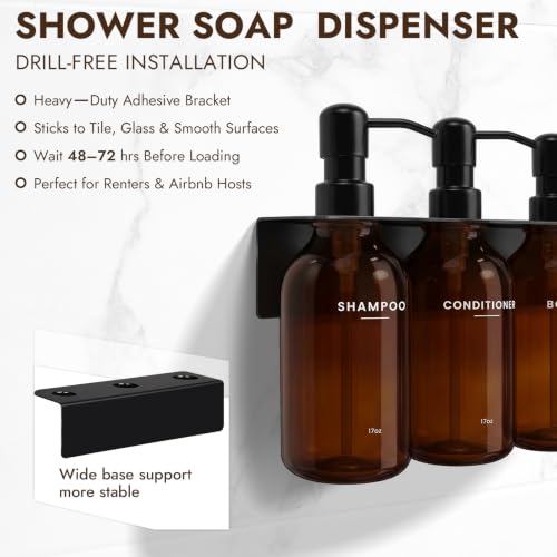 KOUCHU Shampoo and Conditioner Dispenser - Wall Mounted Shower Soap Dispenser - 17oz No-Drill Refillable Plastic Bottles with Stainless Steel Pump for Bathroom - Includes Soap Dish and Hook (Brown) - color: Brown