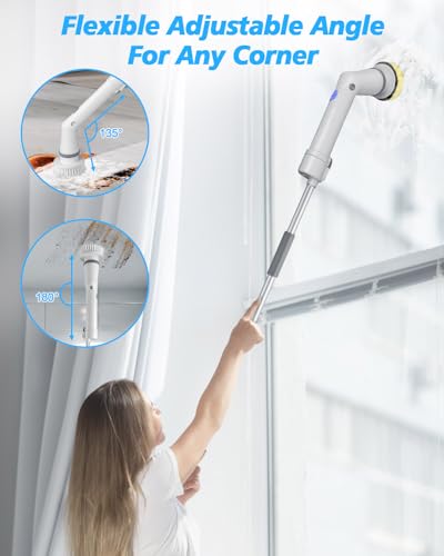 Electric Spin Scrubber Cordless,Power Scrubber Shower Cleaning Brush 400rpm,Bathroom Scrubber with 6 Replaceable Drill Brush Head, Adjustable Long Handle IPX6 for Clean Tile Tub Grout Toilet Car