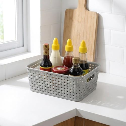 Plastic Storage Baskets - 6 Pack, Slightly Gray | 10.04"L x 7.48"W x 3.95"H, Durable, Easy to Use, Flexible, Multi-Purpose, Ideal for Closets, Cabinets, Shelves, Countertops - size: Small (10.04"L x 7.48"W x 3.95"H)