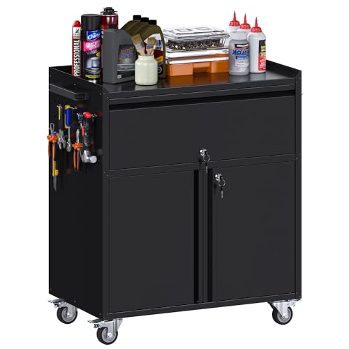 SUXXAN Metal Storage Cabinet on Wheels, Black Rolling Tool Cabinet with Drawer&Pegboard&a Handle&Hooks&Adjustable Shelves for Home Office Garage Warehouse Utility Room, Assembly Required - color: Black, size: 18.1"D x 30"W x 35.4"H