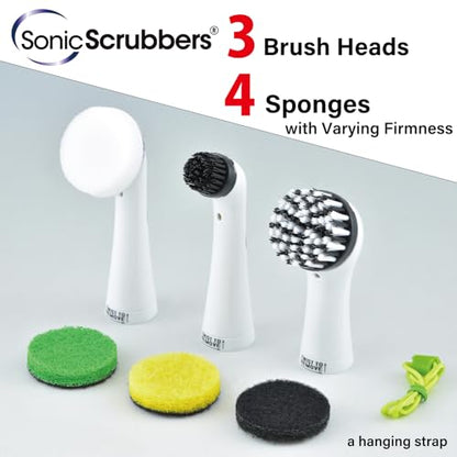 Sonic Scrubber – Super Electric Cleaning Brush | 3 Heads & 4 Multi-Firm Pads to Scrub, Polish & Clean Tile, Grout, Kitchen, Bathroom & More | Water-Resistant | Well-Loved in Japan
