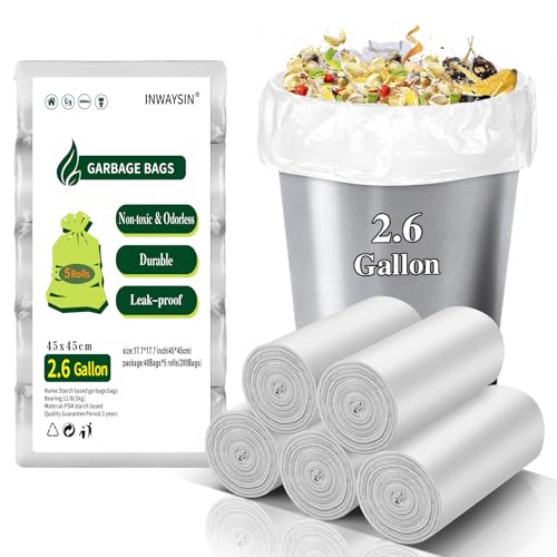 Compostable Mini Trash Bags 2.6 Gallon - Inwaysin Biodegradable Tiny Garbage Bag Unscented Leakage-Proof Strong Thick Trash Can Liners for Kitchen Office (5 Rolls, 200 Count, Clear White) - style: Bio-White-2.6Gal200