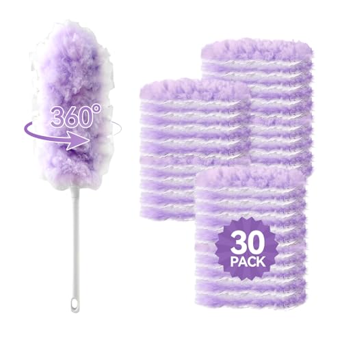 30 Count Duster Refills with 1 Handle, Heavy Duty Microfiber Feather Duster, Disposable Multi Surface Duster Kit, Household Cleaning Tool for Pet Hair, Home, Office, Blind, Furniture - color: 1 Short Handle + 30 Refills