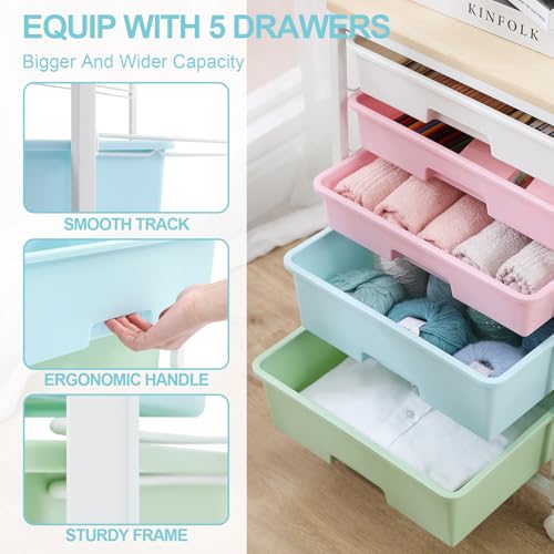 SYKIARIOL Utility Cart with 5 Drawers,Storage Drawer Cart with Wooden Tabletop and Lockable Wheels,Craft Storage Trolley Cart,5-Tier Rolling Utility Cart on Wheels,Rainbow - color: Rainbow