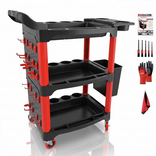 Auto Detailing Cart with Wheels, 3 Tier Rolling Detail Cart with Long Hanging Plate & Hooks & Hanging Bucket & Cat Ear Basket, for Detailers Garage, Workshop, Repair Shop, Storage Tool - color: Upgraded