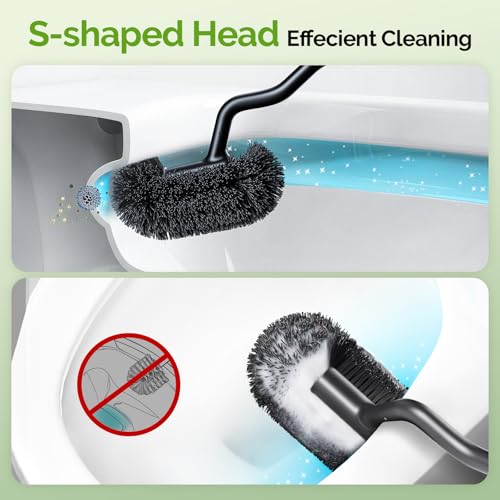 HAMITOR Toilet Brush and Holder Set: 304 Stainless Steel Heavy Duty Bowl Cleaner Brush - Deep Cleaning Under Rim Curved Bristle - Space Saving Wall-Mounted for Home RV Bathroom Accessories Silver