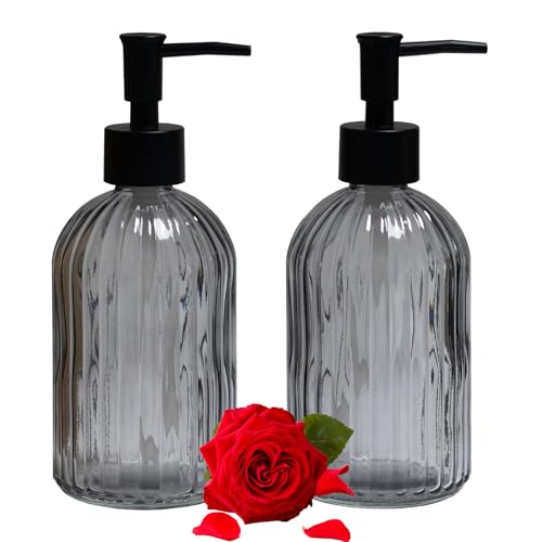 Gray Glass Soap Dispenser Set with Black Pump, 13.5oz Refillable Liquid Hand Soap Dispenser, Lotion Dish Soap Dispenser for Modern Home Decor, Bathroom, Kitchen Countertop, Hotel(2 Pack) - color: Gray