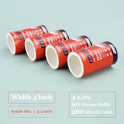 4 inch Lint Roller Refills Only for Scotch Brite, Everyday Clean Lint Roller Refills 4 Pack, Pet Hair Pickup Extra Sticky 90 Sheets per Refill, 360 Adhesive Sheets Total (1 3/4 inch Inside Diameter) - size: Inside Dia. 1 3/4 inch