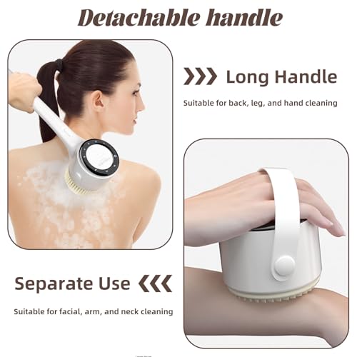 Electric Body Brush, 3 Speed Silicone Body Scrubber with LCD Display, 5in1 Back Scrubber for Shower, Waterproof Rotating Body Brushes, Rechargeable Bath Brush for Clean Exfoliate Massage (White) - color: White