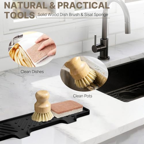 Kitchen Soap Dispenser Set - Dish Soap Dispenser for Kitchen with Self Drain Tray, 17oz Glass Bottle, Stainless Steel Pump, Sponge, and Dish Brush- Amber - color: Amber Bottle + Black Pump