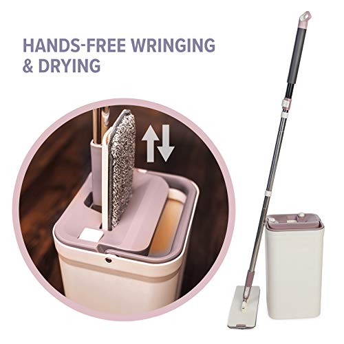 JFB Home Products Micro Flat Mop & Bucket System, Hands-Free Wringing Floor Cleaning, 3 Washable & Reusable Microfiber Pads, Wet or Dry Usage on Wood, Marble, Tile, Laminate, Ceramic and Vinyl Floors - color: Beige