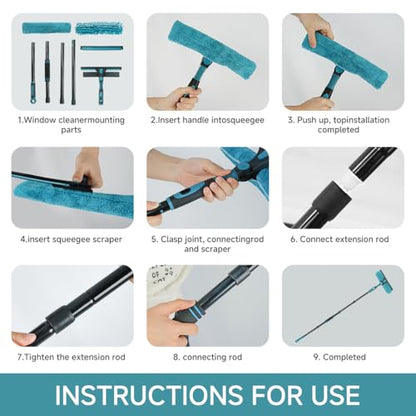 62" Window Squeegee, 2 in 1 Window Cleaning Tool with Telescopic Pole, Rotatable and Bendable Head for High Windows Indoor Outdoor, Includes 2 Blades & 2 Pads (Microfiber+Pads)