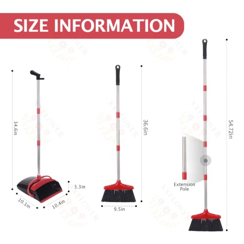 Broom and Dustpan Set with Long Handle, Light Weight Stainless Steel Poles Stand Upright Dustpans with Broom Combo for Home Kitchen Office Pet Dog Hair, Black & Red Color, 1-Pack - color: Red Black