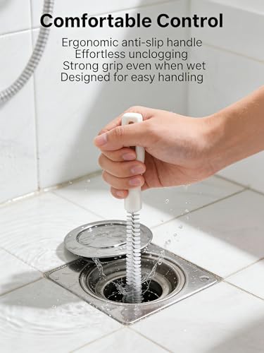 Drain Cleaning Brush, 2-Pack Flexible Pipe Cleaner Tool for Sink Shower and Bathtub Drain, Long Hair and Debris Remover Snake with Handle and Hook, Reusable Clog Removal Accessory