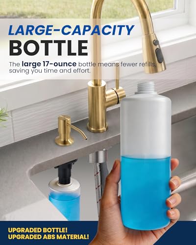 Built in Kitchen Sink Soap Dispenser: Stainless Steel Pump Head with 17 Ounce Large Soap Bottle, Easy Top Refill Design – No Bending Down for Countertop, Brushed Gold - color: Brushed Gold