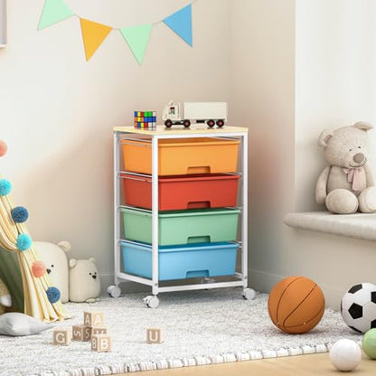 Utility-Rolling-Storage-Drawer-Craft-Cart-Organizer with 4 Drawers and Wooden Tabletop & Lockable Wheels for Home Office, Bedroom, Kids Room, Classroom, 4 Tiers Under Desk Drawer Cart, Macaron - color: Macaron