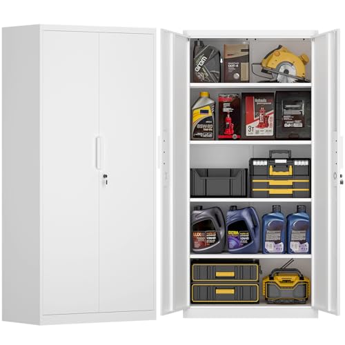 72" H Metal Garage Storage Cabinet with 2 Doors and 4 Shelves, White Steel Locking File Cabinet, Metal Storage Cabinets for Office, Home, Garage, Gym, School - color: White, size: 72''H-Garage cabinet