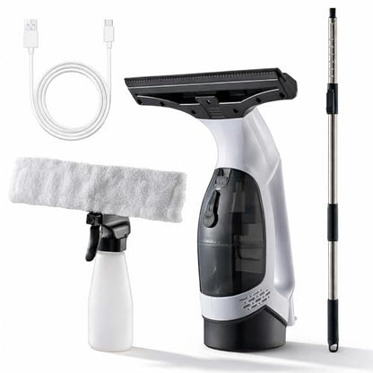 Window Vacuum Squeegee Cordless, Strong Suction Electric Window Cleaner with Water Collection, Window Cleaning Kit with Spray Bottle, Telescopic Pole for Glass Doors, High Window, Tile, Car