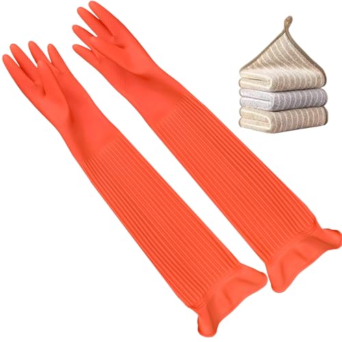 3 Pairs Household Extra Long Kitchen Gloves for Washing Dishes，20.05inches Rubber Cleaning Gloves，Reusable Latex Living Wash Gloves，Long Sleeves(Medium, Red) - size: Medium