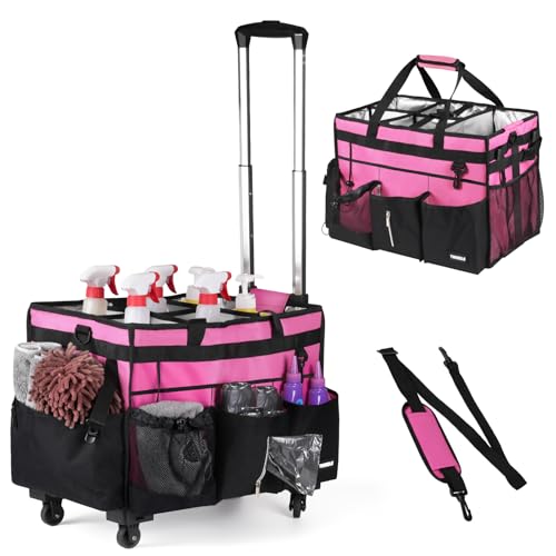 Extra-Large Rolling Cleaning Caddy with Wheels,Cleaning Caddy Bag with Detachable Trolley,Water Resistant Lining Cleaning Supply Organizer with Handle for Cleaners,Housekeepers - color: Pink Rolling, size: Extra-Large