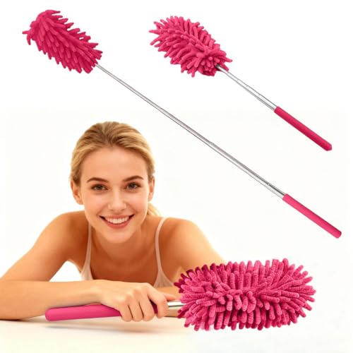 Extendable Microfiber Duster, Telescoping Dusting Brush for Home and Car Cleaning, Adjustable Length, Soft and Flexible - color: Elongated Rose Red