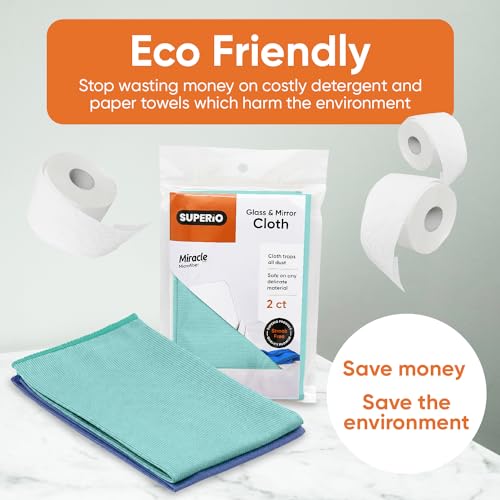 Superio Microfiber Glass Cleaning Cloth, Mirror & Window Miracle Cloth Lint & Streak Free, Washable, Large Eco-Friendly for Electronics, Cars, Tv Screens, Glasses... - color: Green/Blue
