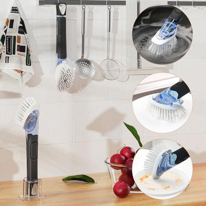 Soap Dispensing Replacement Dish Brush Storage Set with 2 PCS Brush Refills & Holder - RIMAY Dispenser Scrub Cleaning Scrubber Kitchen Dishwashing Dish Wand Handle for Dishes/Pans/Pots/Sink(Black) - color: Black