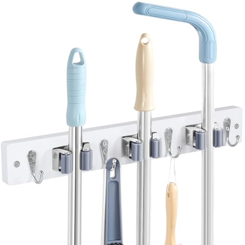 White Broom Holder Wall Mount - Heavy Duty Wood Mop and Broom Organizer with 3 Slots & 4 Hooks - Garden Tool Hanger for Laundry Room Closet Kitchen Garage Storage and Organization - Modern Home Decor - color: White-3 Slots