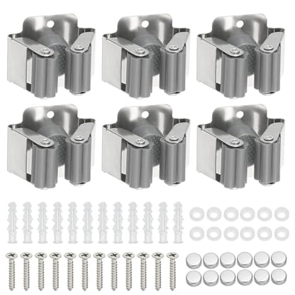 PATIKIL Broom and Mop Holder, 6 Pack Wall Mounted Stainless Steel Mop Hanger Heavy Garden Tool Organizer Rack Hanging Clips with Screws for Home Garage, Grey - color: Grey